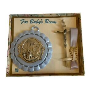 Vintage Crib Medal And Crucifix Baby Boy Gift Set Blue Christian Catholic NOS
